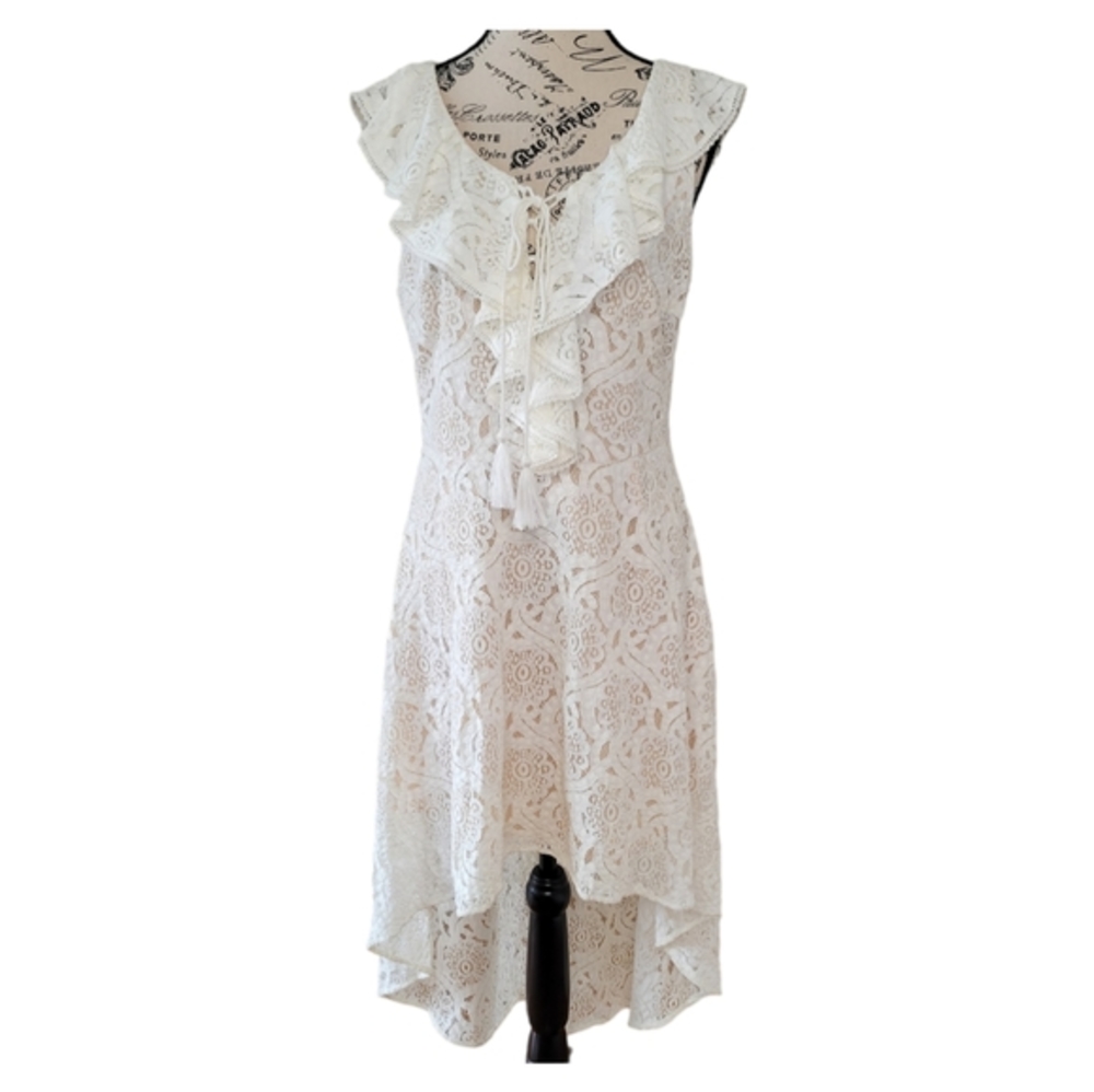 Q@A White High/Low Lace Women's Dress ,M